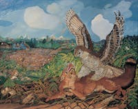 Volpe con rapace, 1959, olio su tela, cm. 120x150